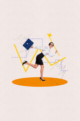 Vertical collage sketch of happy smiling successful lady achieve success win competition isolated on drawing white color background