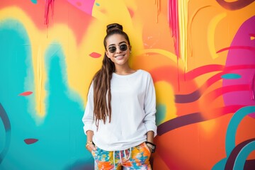 Teenage girl posing in front of colourful backdrop.