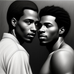 Fine graphic pencil art style of romantic same gender black male relationship part of the LGBT community.  Generative AI