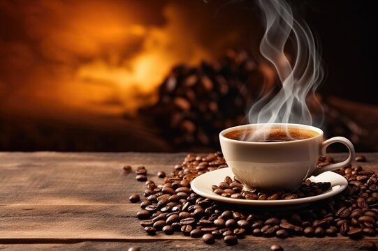 Hot coffee in a coffee cup and many coffee beans placed around on a wooden table in a warm, light atmosphere, on dark background, with copy space.