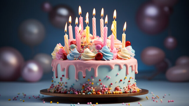 Celebration birthday cake with colorful sprinkles and twenty one colorful birthday candles. Generative AI