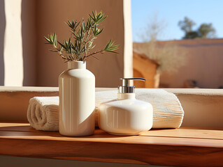 White cosmetic shampoo dispenser bottle mockup on a wooden table.