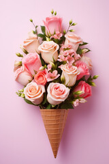 Roses bouquet in cone on pink background flat lay top view