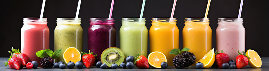 Row of healthy fresh fruit and vegetable smoothies with assorted ingredients served in glass bottles