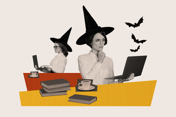 Abstract creative composite photo collage of intelligent witches read emil on laptop planing...