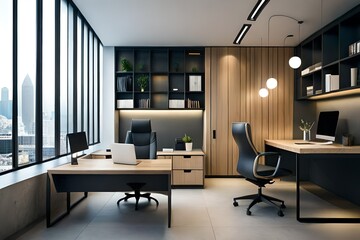 Office desk, business workspace and laptop with pr - obrazy, fototapety, plakaty