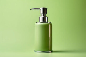 Fototapeta premium Soap dispenser on a green background. The concept of hygiene and care