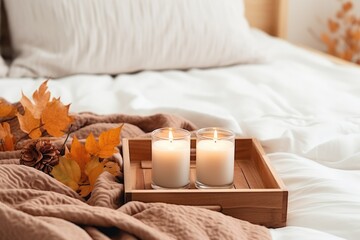 Wooden tray with atmospheric candles and aututmn fall leaves on white bed.