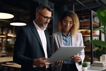 Two busy diverse coworkers discussing project walking in office with laptop and documents
