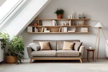 Wooden shelving unit on white wall behind cozy sofa. Scandinavian modern stylish living room