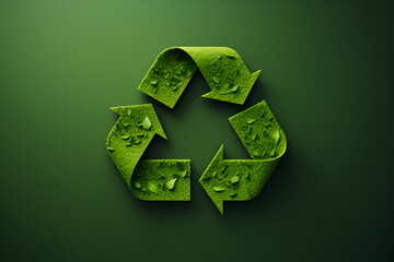 3D illustration design of background of green textured recycling symbol on green backdrop. 