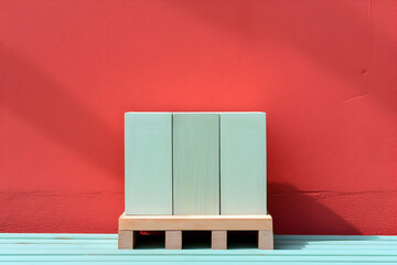 Pastel green wooden blocks on beige wooden pallet in front of red wall. Background minimalist style and design with simple objects.