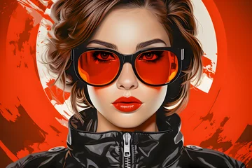 Pop art illustration portrait of stylish and fashionable brunette woman wearing orange glasses and black jacket in front of abstract orange backdrop. ©  Studio AB Images