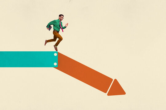 Artwork collage picture of mini elegant guy hold netbook running arrow pointer down isolated on creative beige background