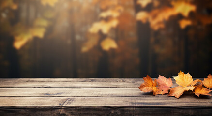 Naklejka na ściany i meble Autumn Leaf Falling On The Wood Table. Autumn Season