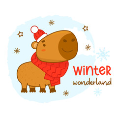 Cool card with cute winter capybara in knitted hat and scarf. Vector illustration. Funny animal character rodent for cards, design, print, kids collection.