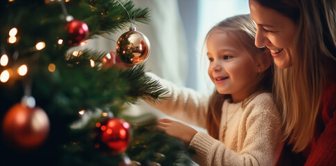 mother and child decorating christmas tree at home, festive atmosphere concept theme