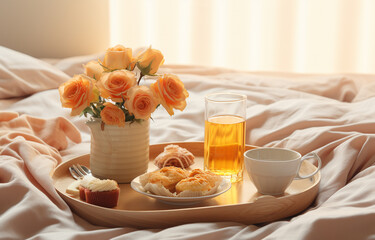 romantic breakfast in bed and flower rose - obrazy, fototapety, plakaty