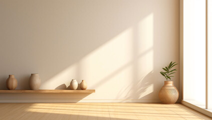 minimalist contemporary room with wooden floor and plants - obrazy, fototapety, plakaty