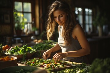 Mujer joven preparando la comida en un restaurante natural y sostenible.  - obrazy, fototapety, plakaty