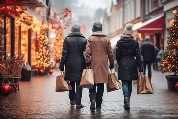 Grupo de amigos saliendo de compras en Navidad.  - obrazy, fototapety, plakaty