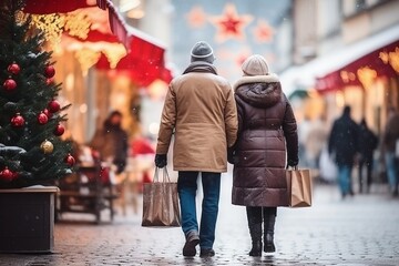 Pareja caminando por una calle llena de tiendas en Navidad.  - obrazy, fototapety, plakaty