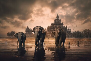 landscape of elephants with a temple background