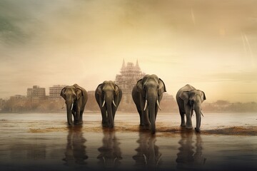 landscape of elephants with a temple background - obrazy, fototapety, plakaty