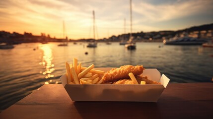 Fish and chips in paper tray on wooden table, blurred background, sea view. - obrazy, fototapety, plakaty