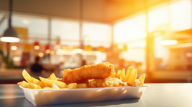 Fish and chips in paper tray on wooden table, blurred background, fast food restaurant.