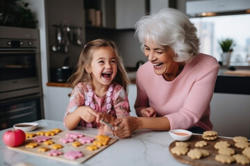 Caucasian grandmother with her granddaughter preparing cookies in the kitchen