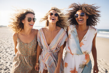 Happy friends having fun enjoying walk along beach wearing sunglases