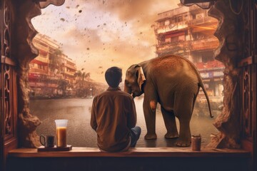 tourists see elephants in nature - obrazy, fototapety, plakaty