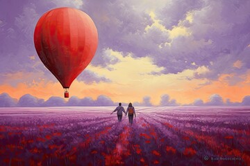 Silhouette of a loving couple and a hot air balloon flying over lavender flowers on their honeymoon