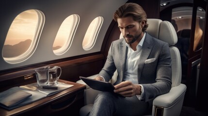 A Businessman sits in a luxurious first class cabin or in a private jet. Business jet interior. Comfortable travel. Illustration for banner, poster, cover, brochure or presentation.
