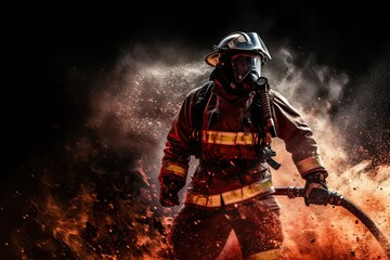 Fireman with water spray nozzle isolated on splash fire