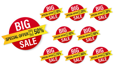 Set of  red and yellow vector badges template isolated on white background, Discount tag collection, Mega sale, special offer. Design for website and advertising. Vector illustration.