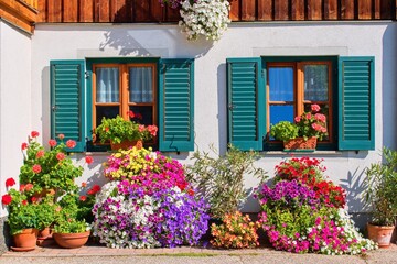 Fototapeta na wymiar Traditional austrian house with windows decorated with varieties of petunia and geranium flowers