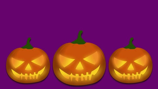 animation of halloween pumpkin with illuminated eyes on lilac background