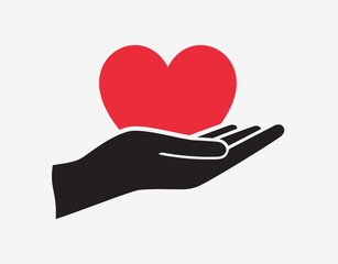 Heart in hand vector icon. Illustration of hand holding heart isolated on white background. Symbol of kindness and charity