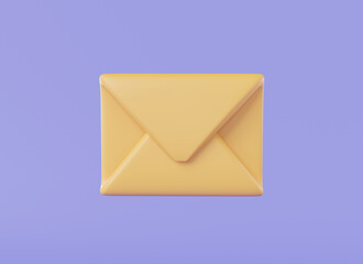 Yellow envelope front view on purple background. newsletter, Read online message, Mail icon, Office document or message, Business news and invitations. 3d render illustration, minimal cartoon style