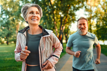 Cardio workout. Close up of aged lady with stylish haircut running in park together with husband. Senior couple in sportswear leading healthy lifestyle and jogging on nature every morning. - obrazy, fototapety, plakaty