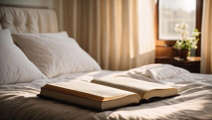 Fototapeta na wymiar a book placed on a bed with white linen, illuminated by the gentle morning light filtering through the curtains