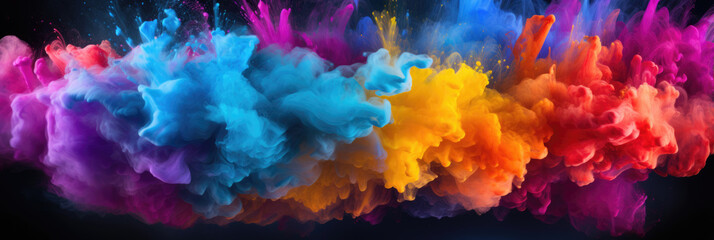 Background of bright colors mixing in water. Horizontal banner