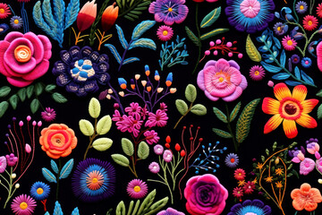 Seamless Hispanic / Mexican textile broidery floral composition on black background. Colorful flowers embroidered ornament - obrazy, fototapety, plakaty
