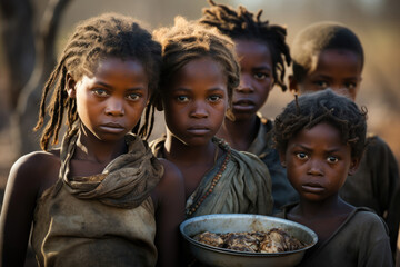 group of hungry African children near plates of food - obrazy, fototapety, plakaty