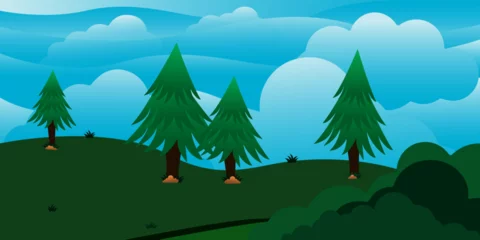 Deurstickers Green-blue shade of the mountain landscape and forests. Perfect for a banner. Beautiful scenery with mountains, forest and cloudy sky. Morning. © MAW Studio