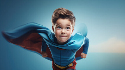 Little boy wearing a superhero shirt posing on a blue sky background. - obrazy, fototapety, plakaty