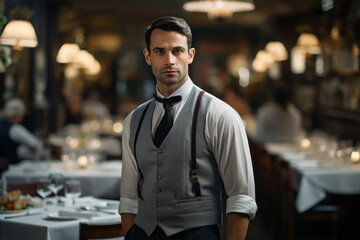Fototapeta premium Portrait of a young waiter against the background of a cafe or restaurant