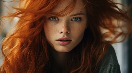 Portrait of a young beautiful red-haired girl. National Redhead Day Concept.